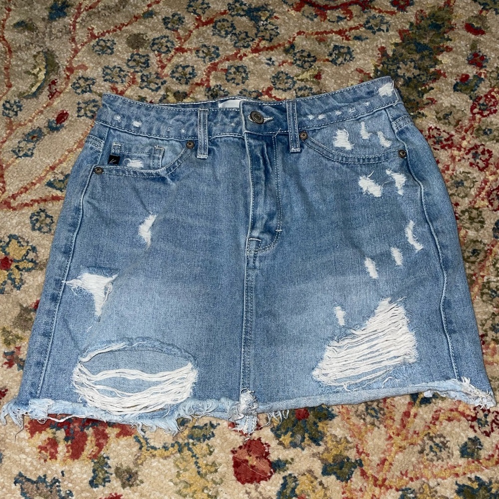 KanCan Light Blue Distressed Mini Denim Skirt